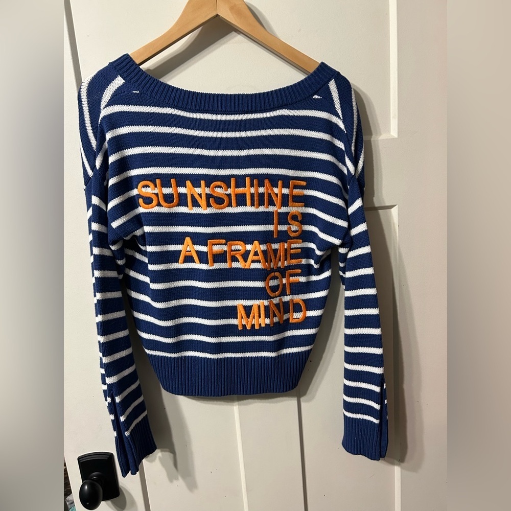 Kerri Rosenthal “Sunshine is a frame
Of Mind” striped button sleeve Sweater